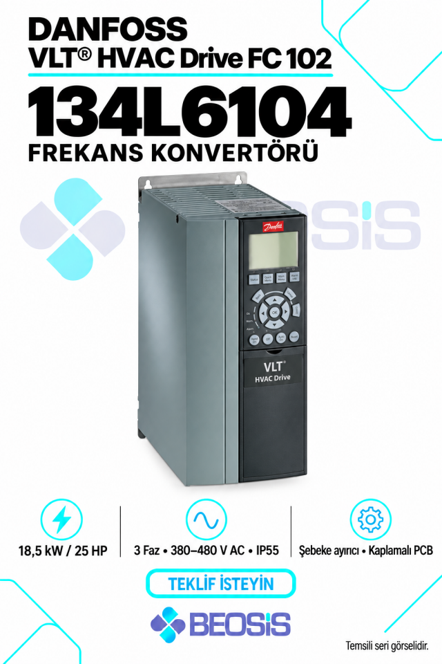 Danfoss 134L6104 VLT HVAC Drive FC 102 18,5 kW 380–480 V IP55 Grafik Panelli Motor Hız Kontrol Cihazı