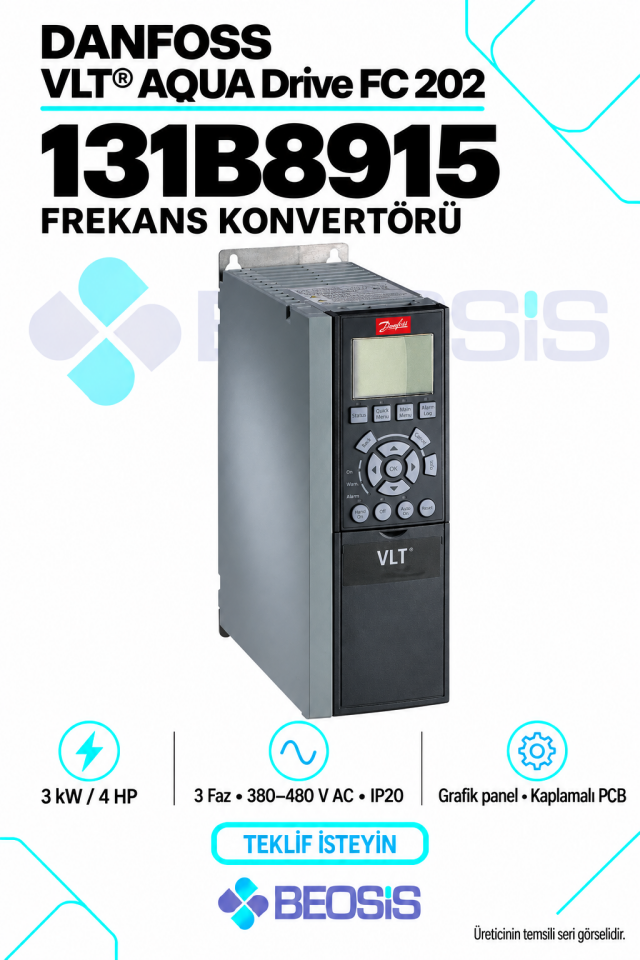 Danfoss 131B8915 VLT AQUA Drive FC 202 3 kW 380–480 V IP20 Grafik Panelli Motor Hız Kontrol Cihazı