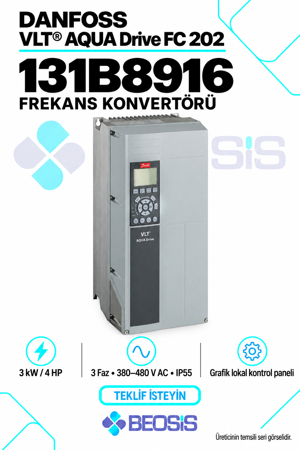 Danfoss 131B8916 VLT AQUA Drive FC 202 3 kW 380–480 V IP55 Grafik Panelli Motor Hız Kontrol Cihazı