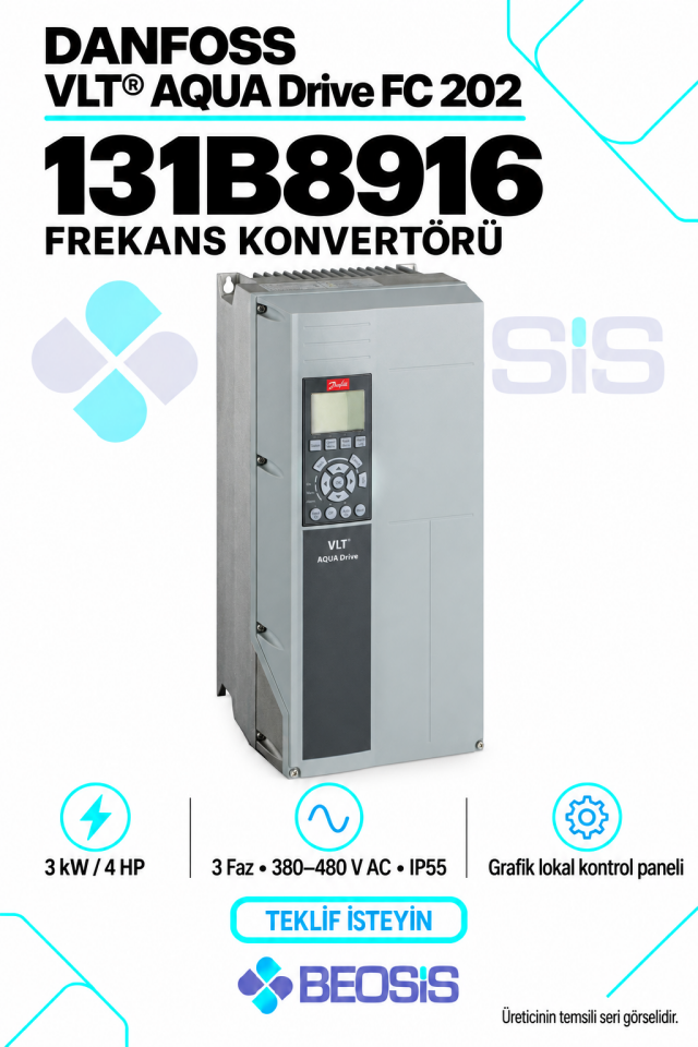 Danfoss 131B8916 VLT AQUA Drive FC 202 3 kW 380–480 V IP55 Grafik Panelli Motor Hız Kontrol Cihazı