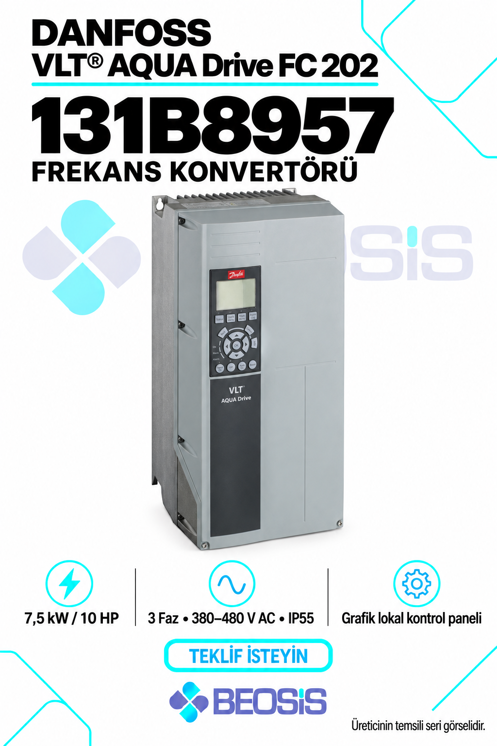 Danfoss 131B8957 VLT AQUA Drive FC 202 7,5 kW 380–480 V IP55 Grafik Panelli Motor Hız Kontrol Cihazı