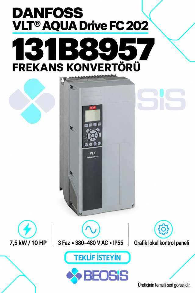 Danfoss 131B8957 VLT AQUA Drive FC 202 7,5 kW 380–480 V IP55 Grafik Panelli Motor Hız Kontrol Cihazı