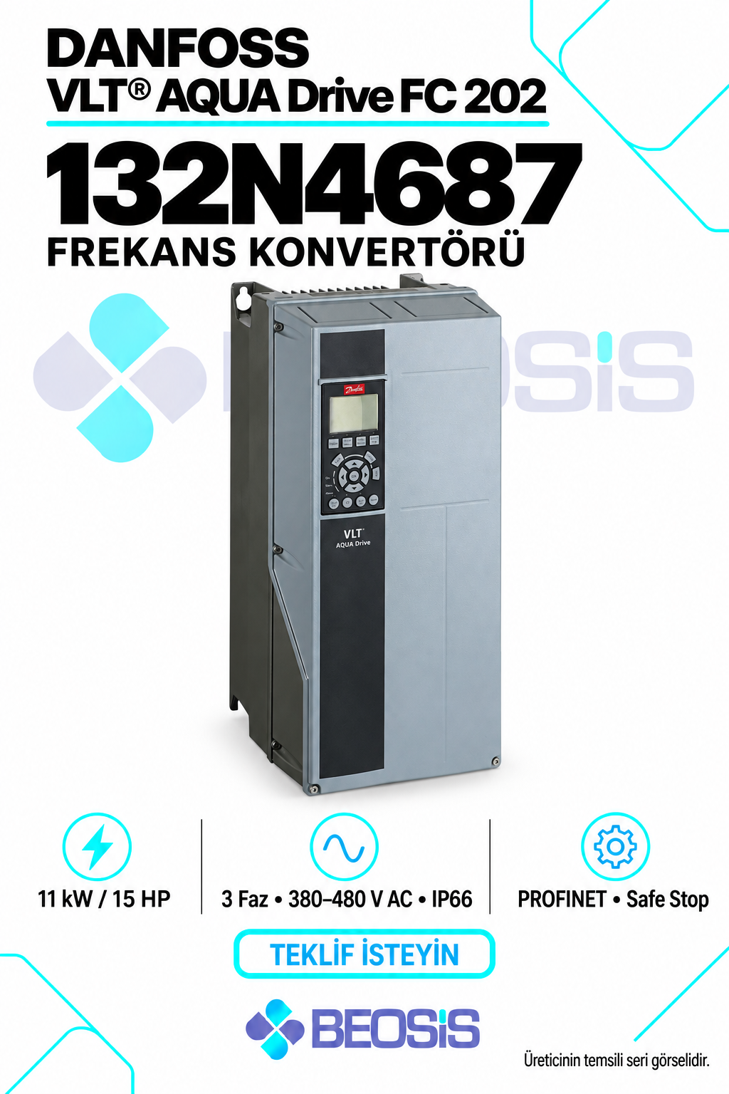 Danfoss 132N4687 VLT AQUA Drive FC 202 11 kW 380–480 V IP66 Grafik Panelli Motor Hız Kontrol Cihazı
