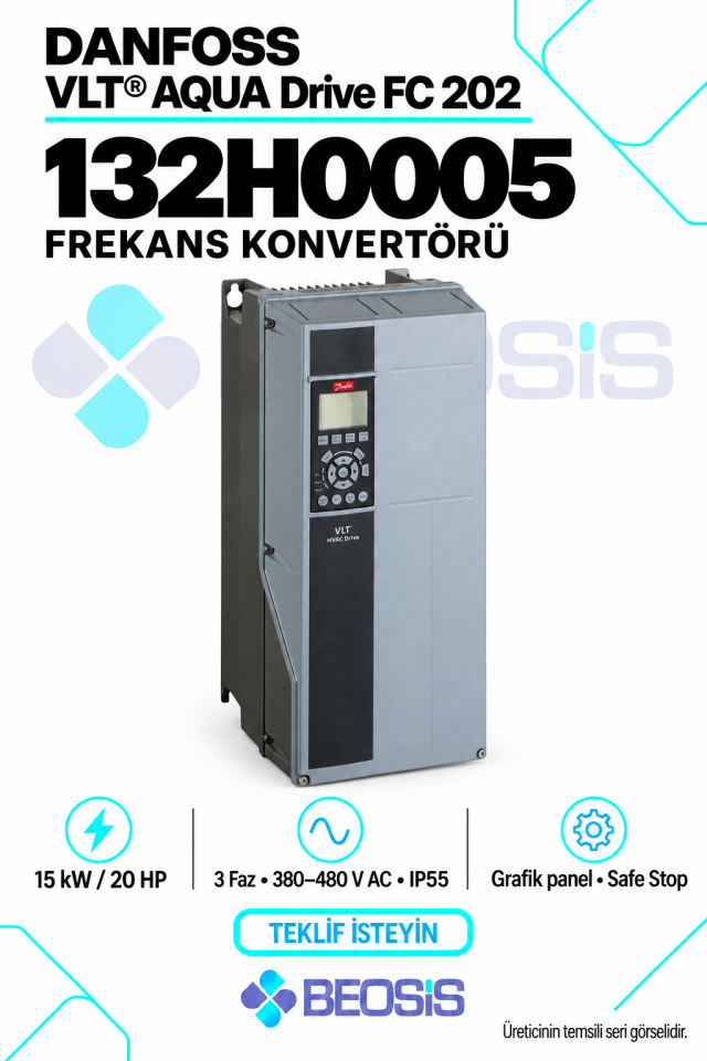 Danfoss 132H0005 VLT AQUA Drive FC 202 15 kW 380–480 V IP55 Grafik Panelli Motor Hız Kontrol Cihazı