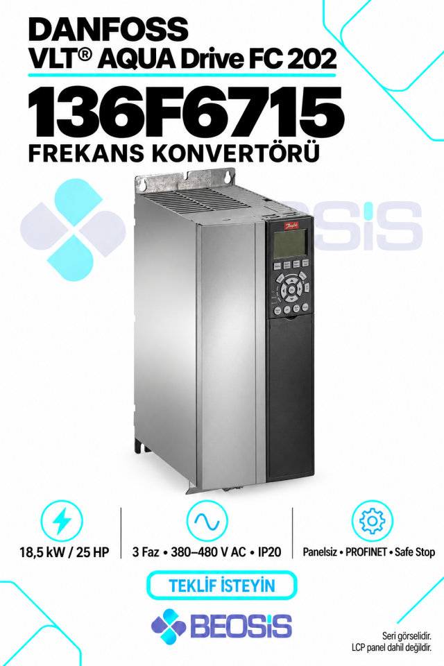 Danfoss 136F6715 VLT AQUA Drive FC 202 18,5 kW 380–480 V IP20 Panelsiz Motor Hız Kontrol Cihazı