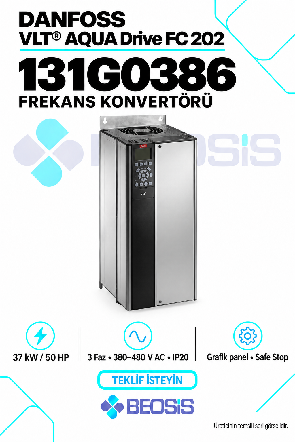 Danfoss 131G0386 VLT AQUA Drive FC 202 37 kW 380–480 V IP20 Grafik Panelli Motor Hız Kontrol Cihazı