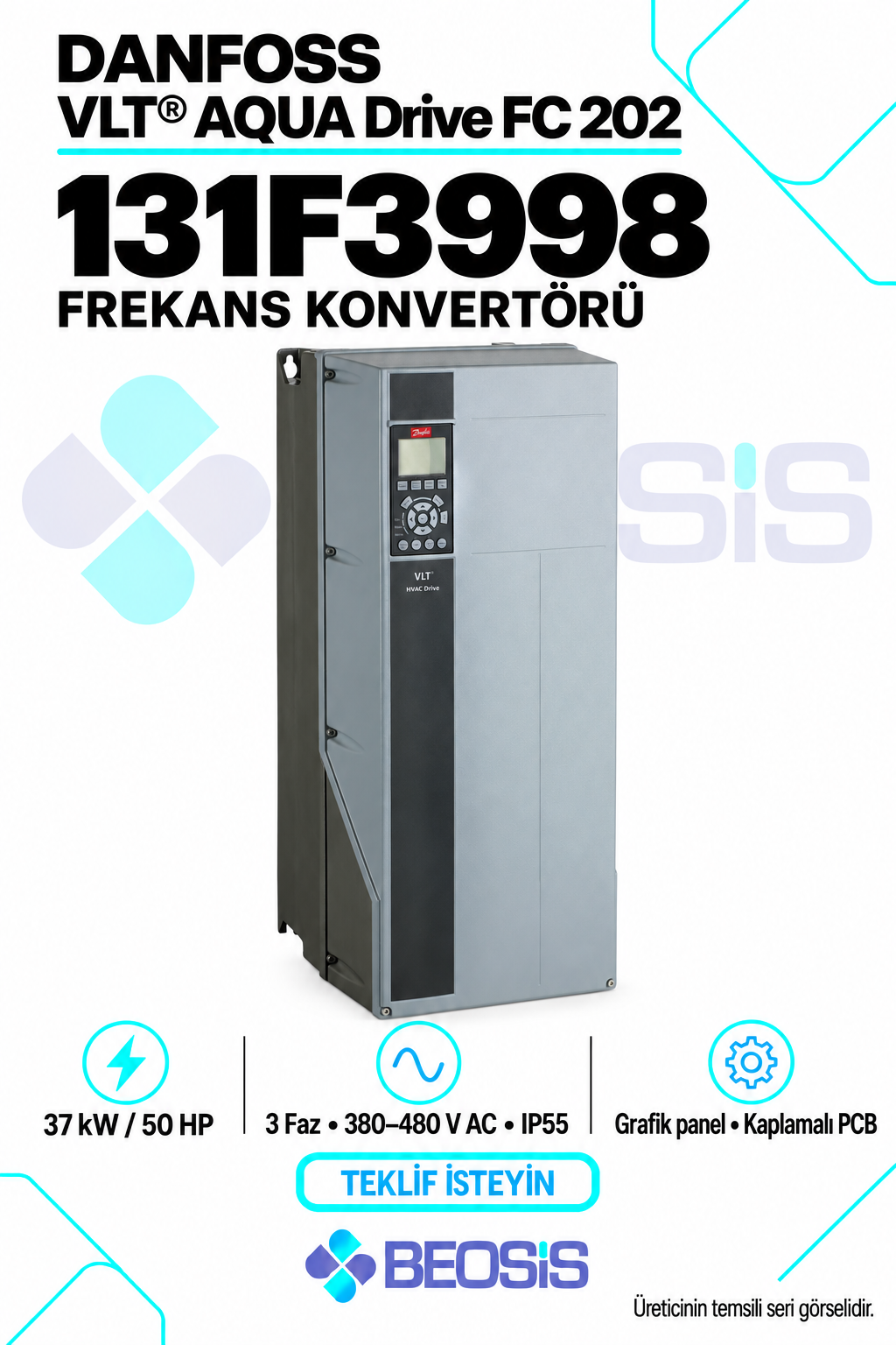 Danfoss 131F3998 VLT AQUA Drive FC 202 37 kW 380–480 V IP55 Grafik Panelli Motor Hız Kontrol Cihazı