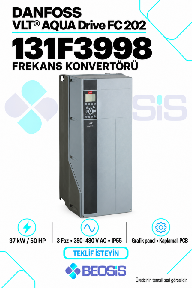 Danfoss 131F3998 VLT AQUA Drive FC 202 37 kW 380–480 V IP55 Grafik Panelli Motor Hız Kontrol Cihazı