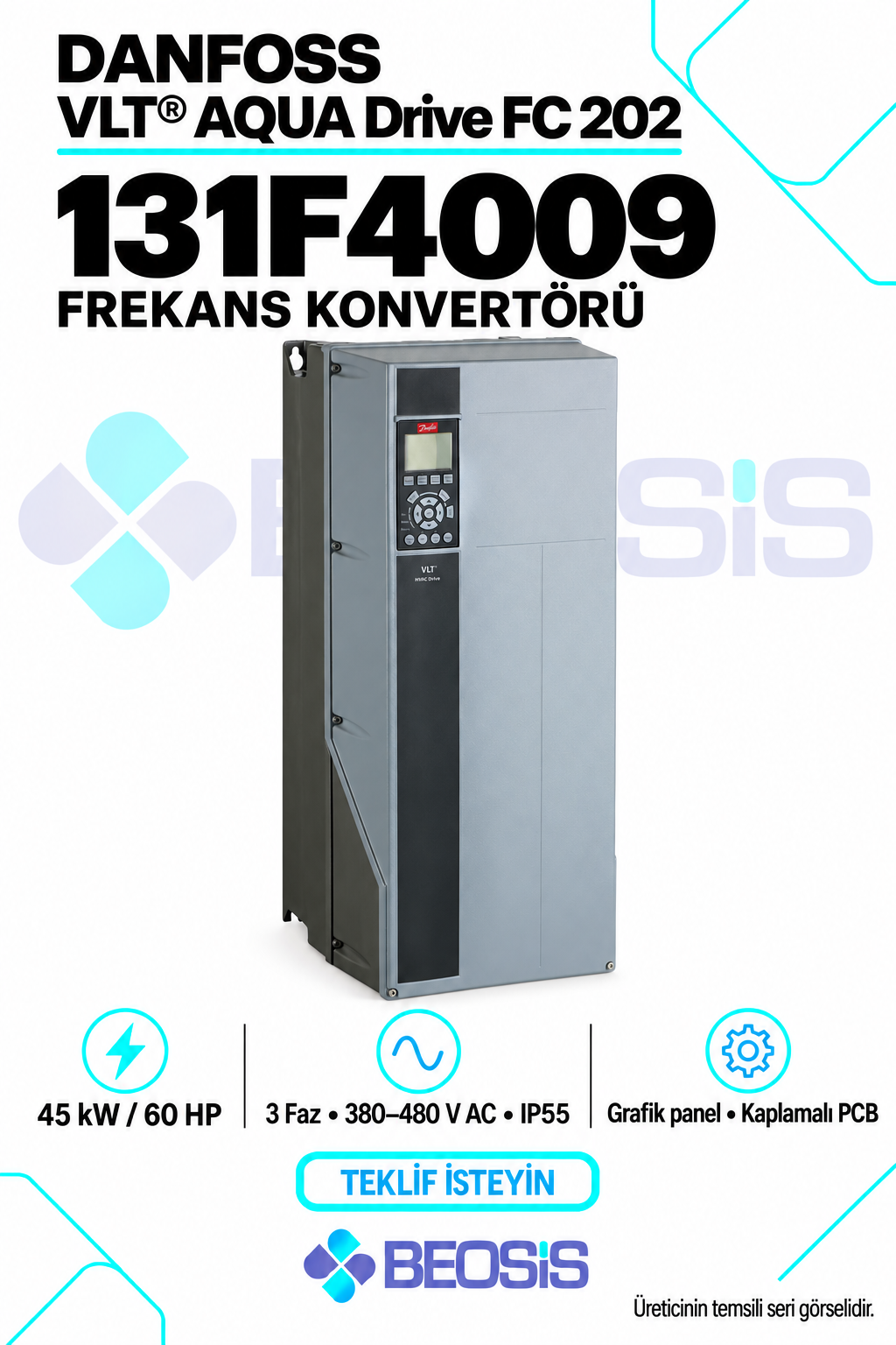 Danfoss 131F4009 VLT AQUA Drive FC 202 45 kW 380–480 V IP55 Grafik Panelli Motor Hız Kontrol Cihazı