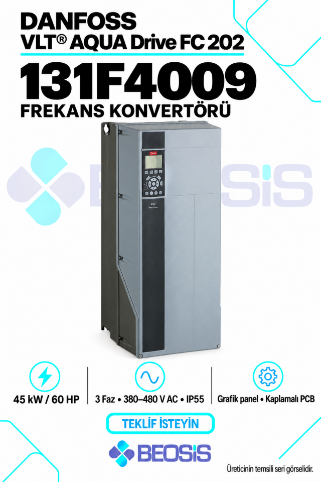 Danfoss 131F4009 VLT AQUA Drive FC 202 45 kW 380–480 V IP55 Grafik Panelli Motor Hız Kontrol Cihazı