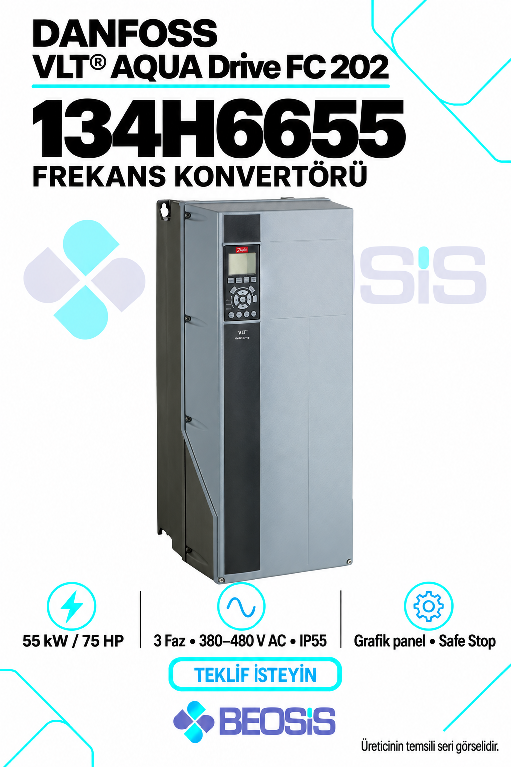 Danfoss 134H6655 VLT AQUA Drive FC 202 55 kW 380–480 V IP55 Grafik Panelli Motor Hız Kontrol Cihazı