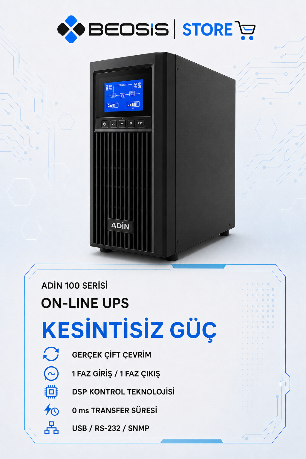 Gesis ADİN 106 Online UPS – 6 kVA – 1 Faz Giriş / 1 Faz Çıkış – 16×12 V 7 Ah Akülü