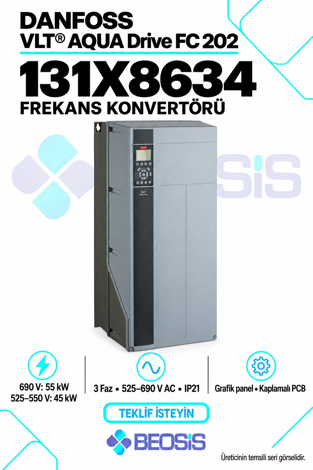 Danfoss 131X8634 VLT AQUA Drive FC 202 45–55 kW 525–690 V IP21 Grafik Panelli Motor Hız Kontrol Cihazı