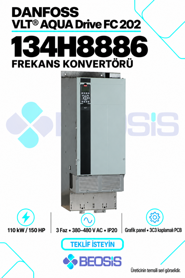 Danfoss 134H8886 VLT AQUA Drive FC 202 110 kW 380–480 V IP20 Grafik Panelli Motor Hız Kontrol Cihazı