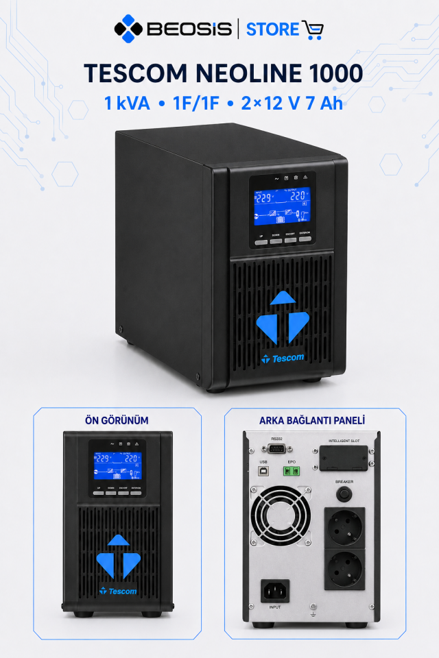TESCOM NEOLINE 1000 Online UPS – 1 kVA – 1F/1F – 2×12 V 7 Ah Akülü