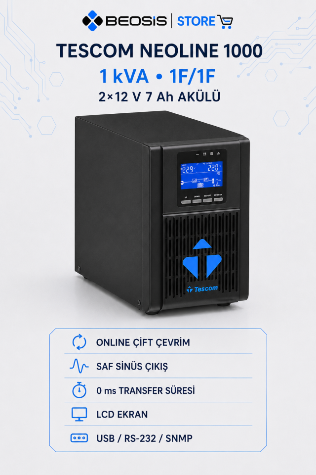 TESCOM NEOLINE 1000 Online UPS – 1 kVA – 1F/1F – 2×12 V 7 Ah Akülü