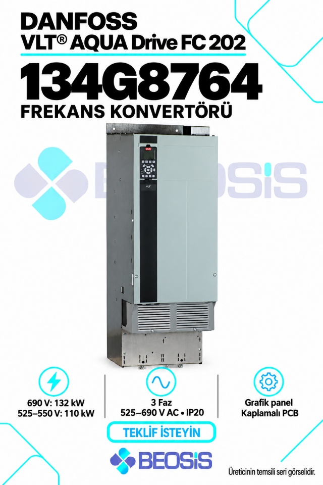 Danfoss 134G8764 VLT AQUA Drive FC 202 110–132 kW 525–690 V IP20 Grafik Panelli Motor Hız Kontrol Cihazı