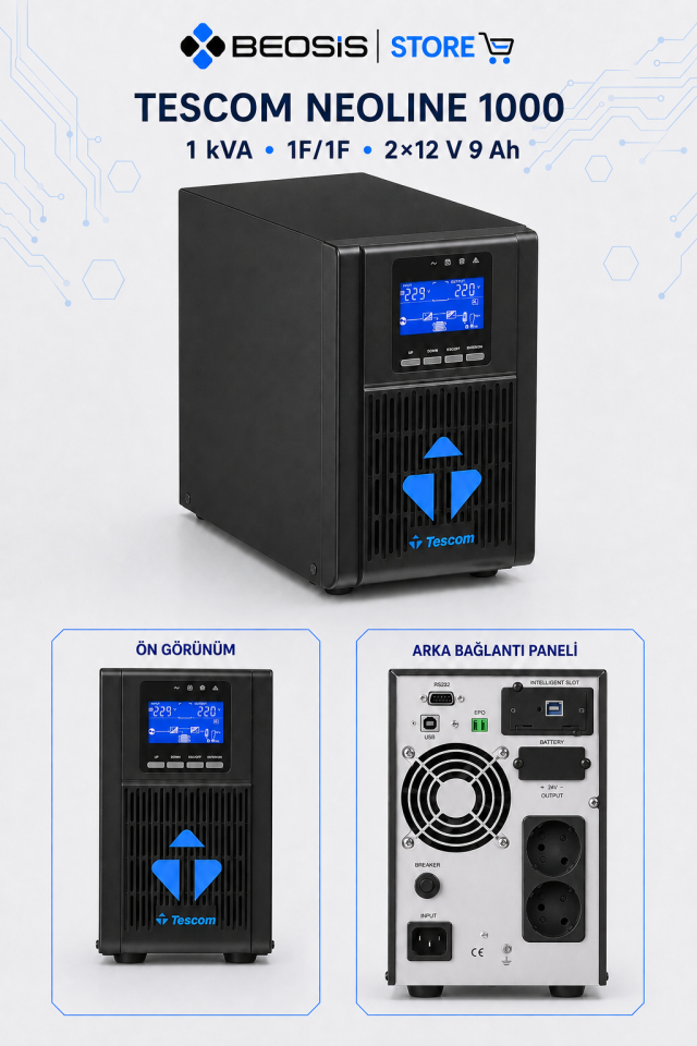 TESCOM NEOLINE 1000 Online UPS – 1 kVA – 1F/1F – 2×12 V 9 Ah Akülü