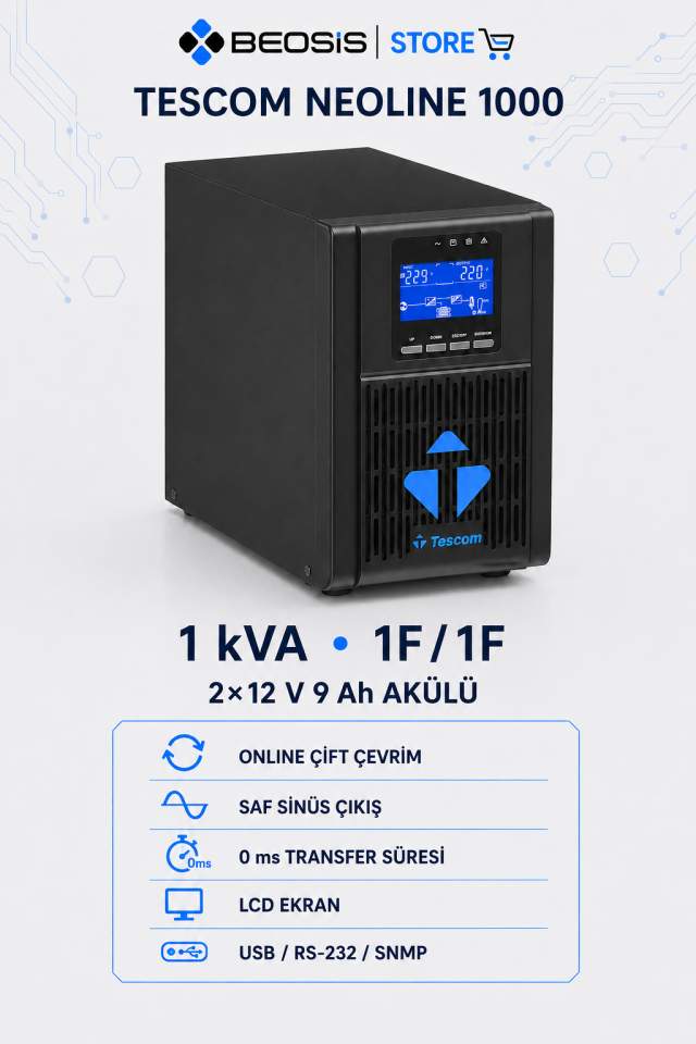 TESCOM NEOLINE 1000 Online UPS – 1 kVA – 1F/1F – 2×12 V 9 Ah Akülü