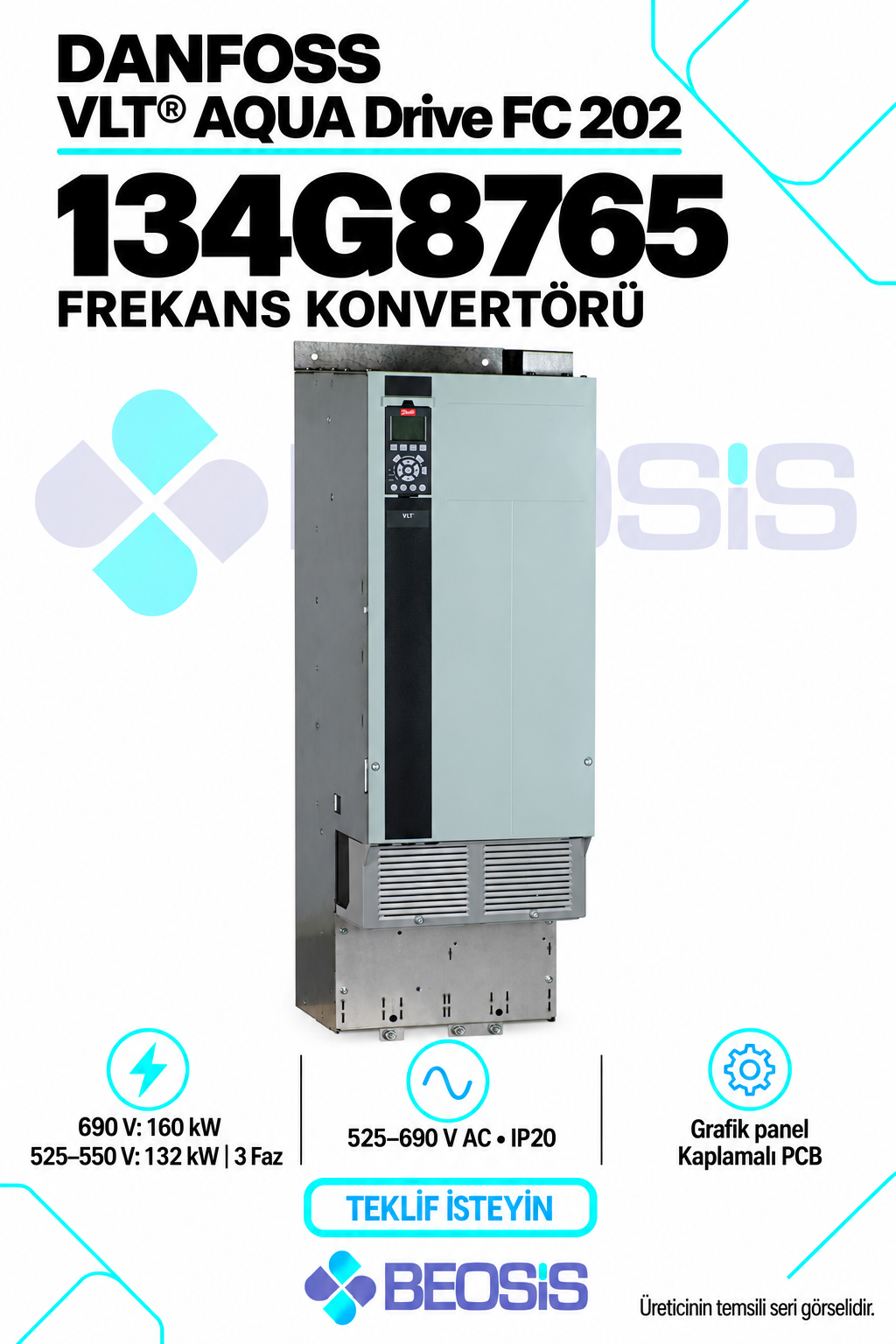 Danfoss 134G8765 VLT AQUA Drive FC 202 132–160 kW 525–690 V IP20 Grafik Panelli Motor Hız Kontrol Cihazı