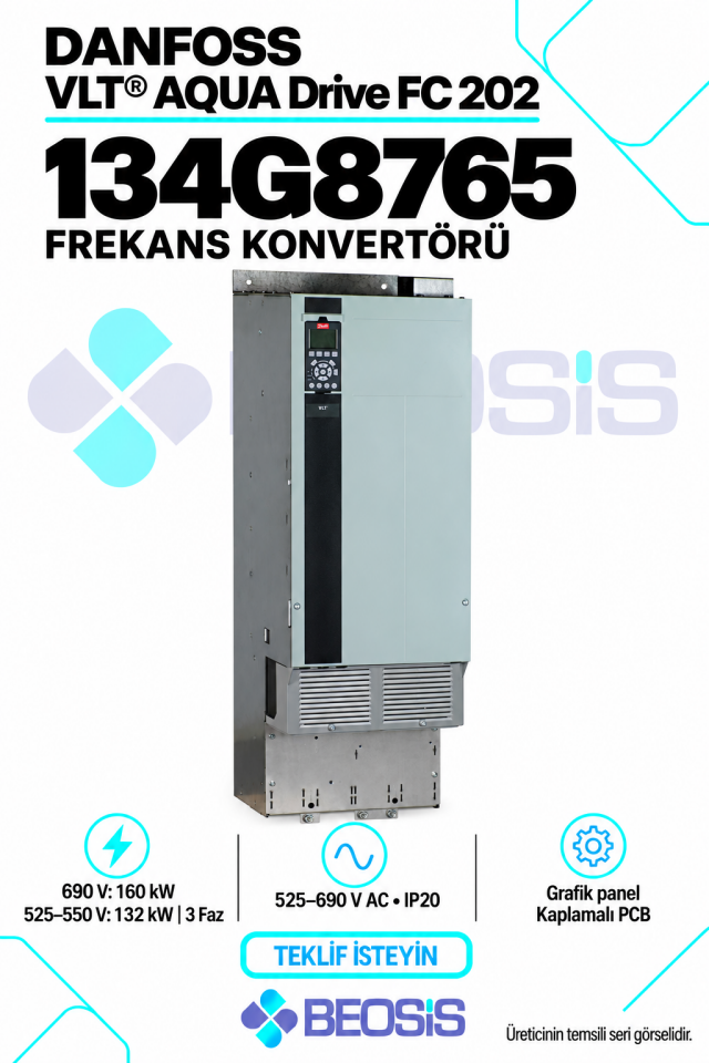 Danfoss 134G8765 VLT AQUA Drive FC 202 132–160 kW 525–690 V IP20 Grafik Panelli Motor Hız Kontrol Cihazı