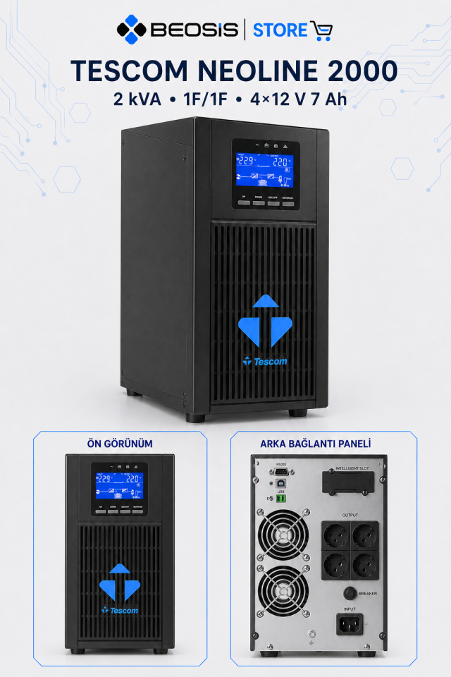 TESCOM NEOLINE 2000 Online UPS – 2 kVA – 1F/1F – 4×12 V 7 Ah Akülü