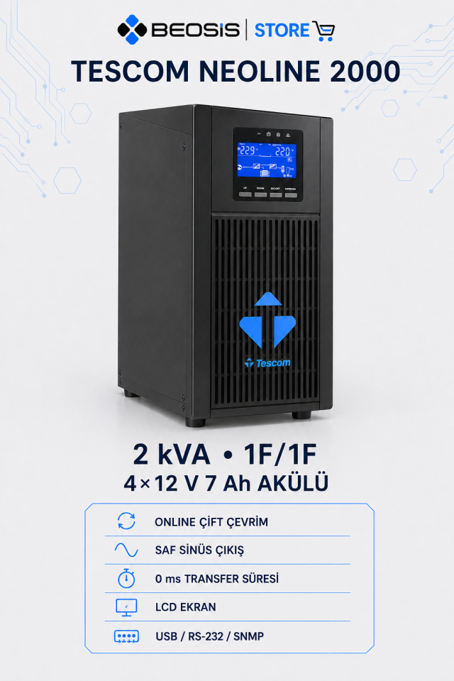 TESCOM NEOLINE 2000 Online UPS – 2 kVA – 1F/1F – 4×12 V 7 Ah Akülü