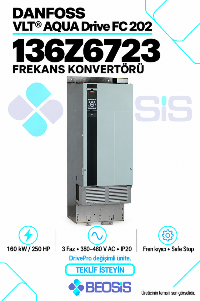 Danfoss 136Z6723 VLT AQUA Drive FC 202 160 kW 380–480 V IP20 Grafik Panelli Motor Hız Kontrol Cihazı