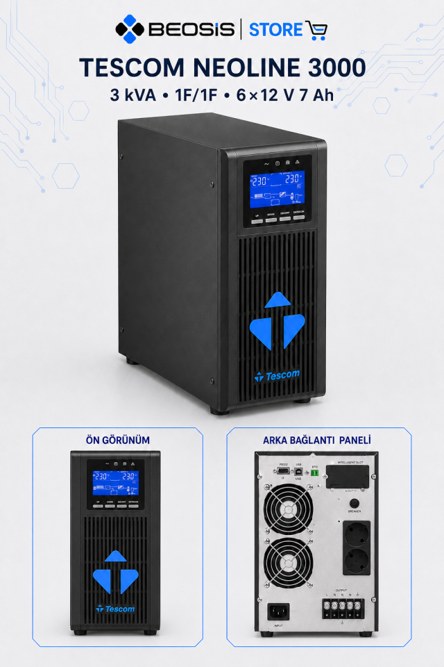TESCOM NEOLINE 3000 Online UPS – 3 kVA – 1F/1F – 6×12 V 7 Ah Akülü