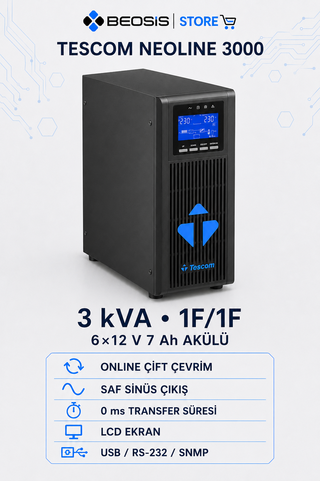 TESCOM NEOLINE 3000 Online UPS – 3 kVA – 1F/1F – 6×12 V 7 Ah Akülü