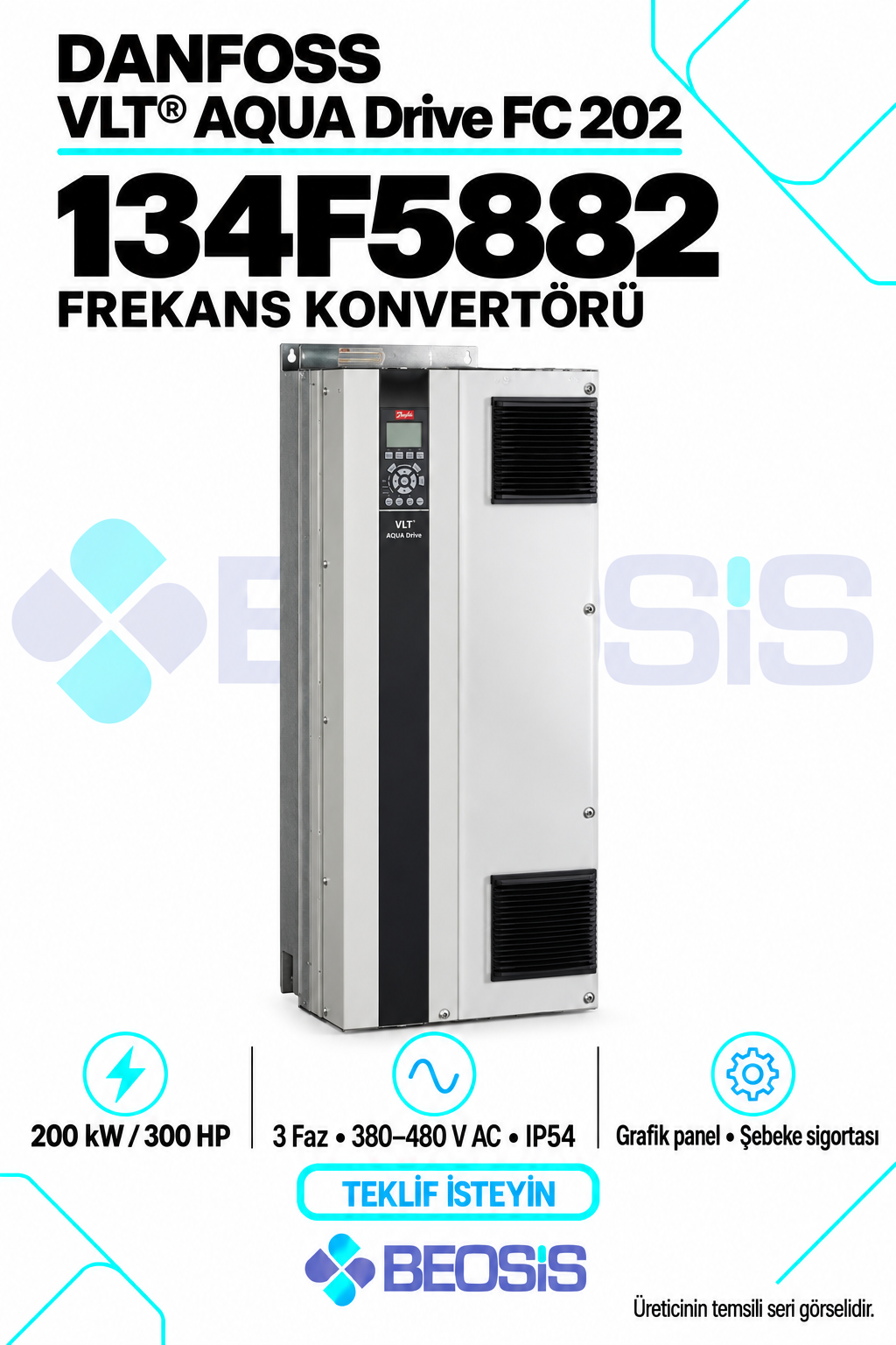 Danfoss 134F5882 VLT AQUA Drive FC 202 200 kW 380–480 V IP54 Grafik Panelli Motor Hız Kontrol Cihazı