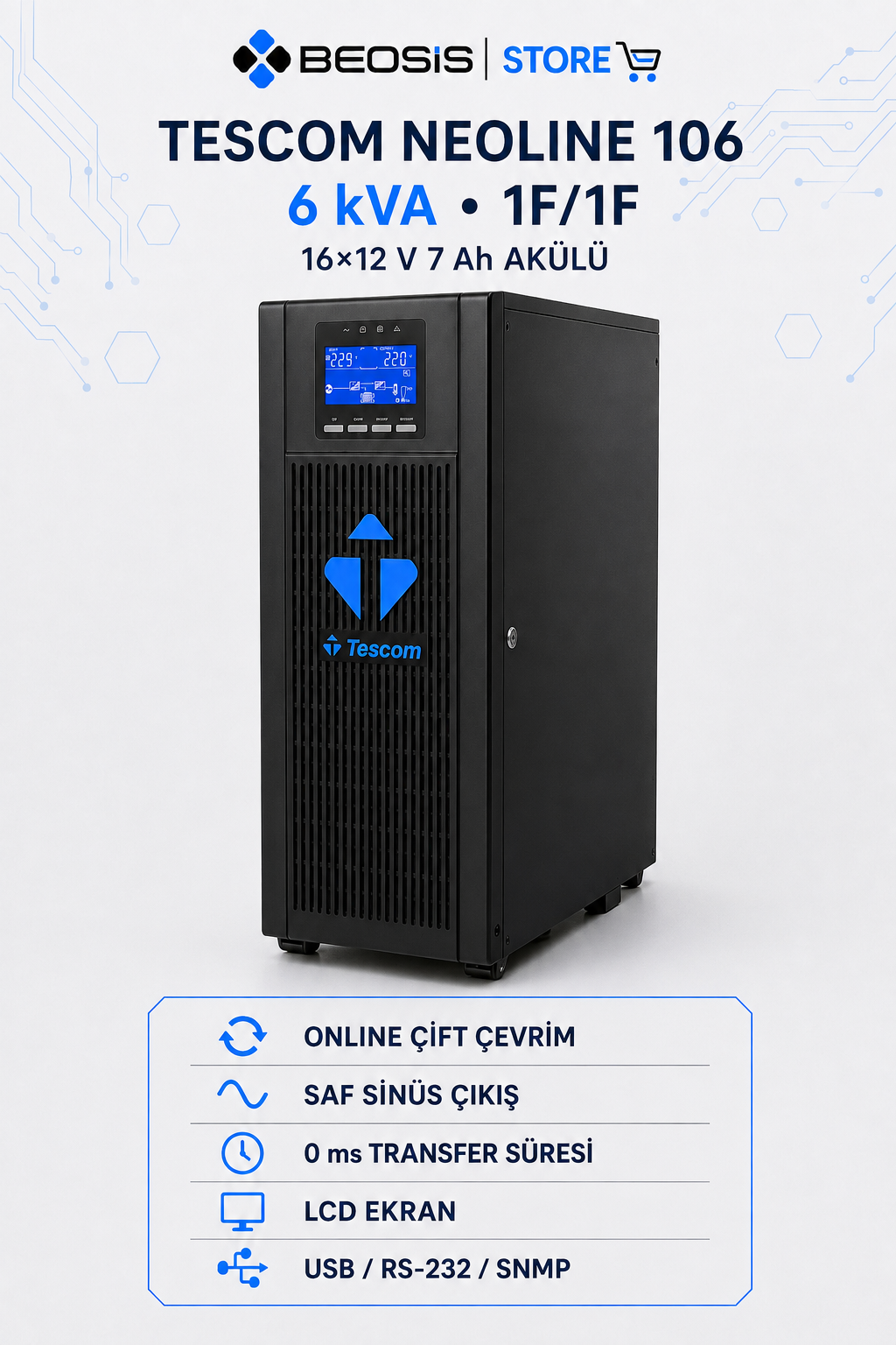 TESCOM NEOLINE 106 Online UPS – 6 kVA – 1F/1F – 16×12 V 7 Ah Akülü