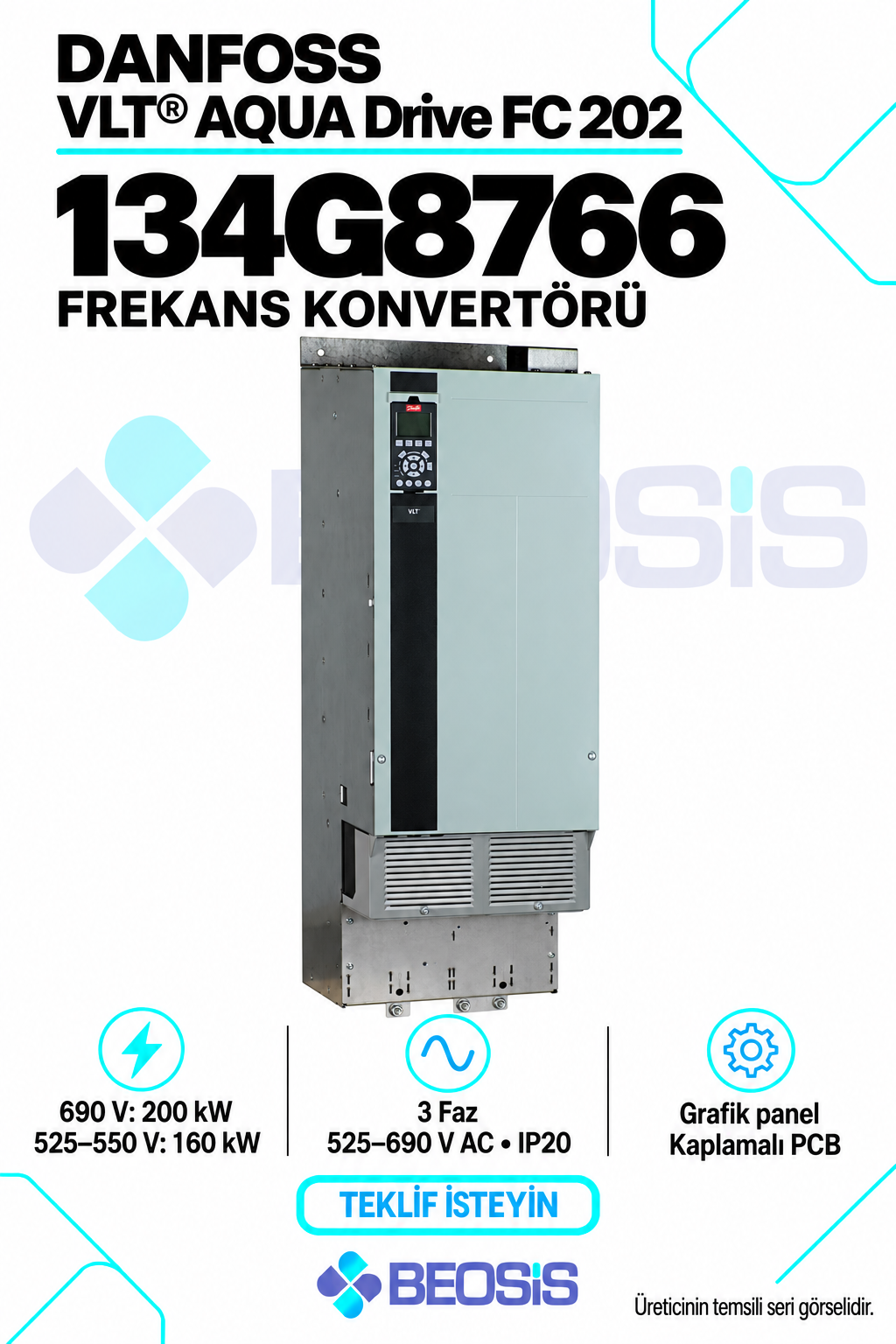 Danfoss 134G8766 VLT AQUA Drive FC 202 160–200 kW 525–690 V IP20 Grafik Panelli Motor Hız Kontrol Cihazı