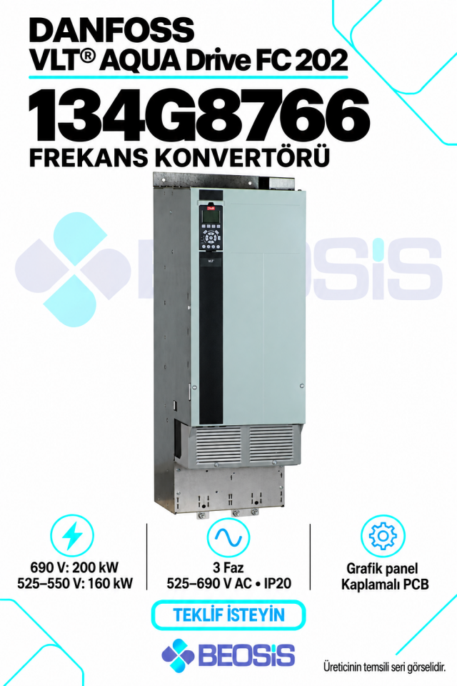 Danfoss 134G8766 VLT AQUA Drive FC 202 160–200 kW 525–690 V IP20 Grafik Panelli Motor Hız Kontrol Cihazı