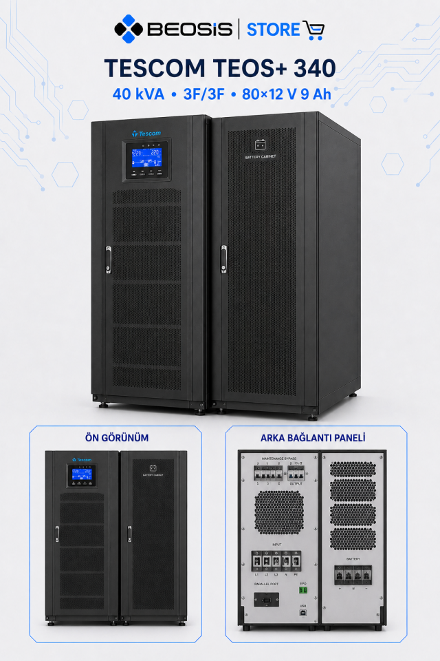 TESCOM TEOS+ 340 Online UPS – 40 kVA / 40 kW – 3F/3F – 80×12 V 9 Ah – 15 A Şarjlı
