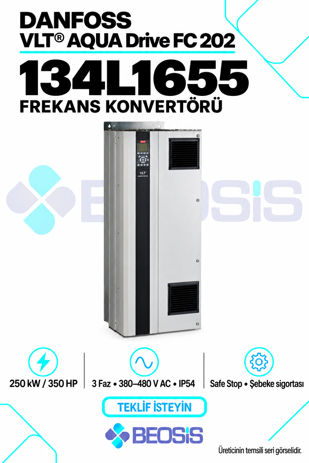 Danfoss 134L1655 VLT AQUA Drive FC 202 250 kW 380–480 V IP54 Grafik Panelli Motor Hız Kontrol Cihazı