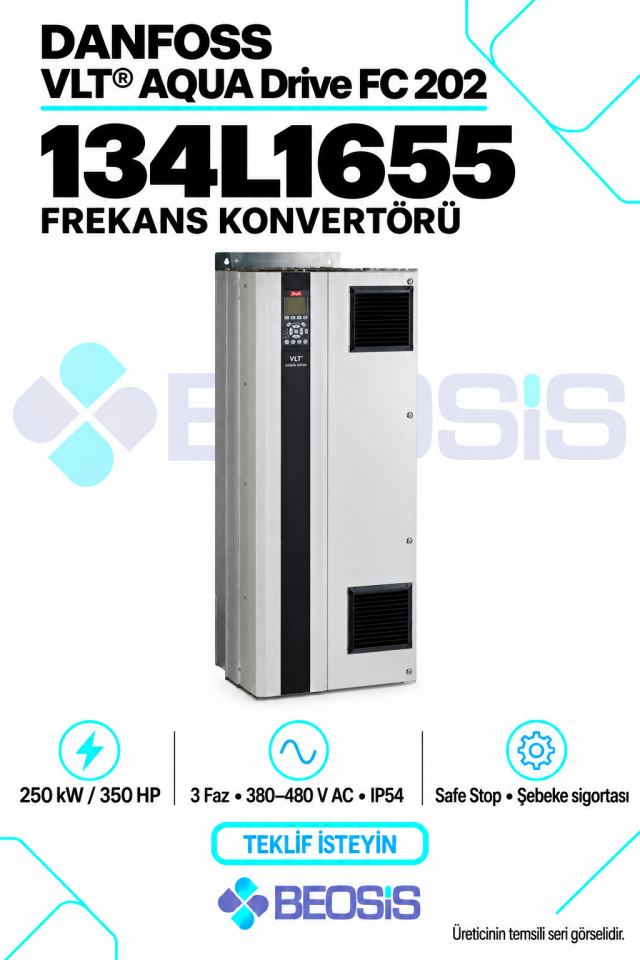 Danfoss 134L1655 VLT AQUA Drive FC 202 250 kW 380–480 V IP54 Grafik Panelli Motor Hız Kontrol Cihazı