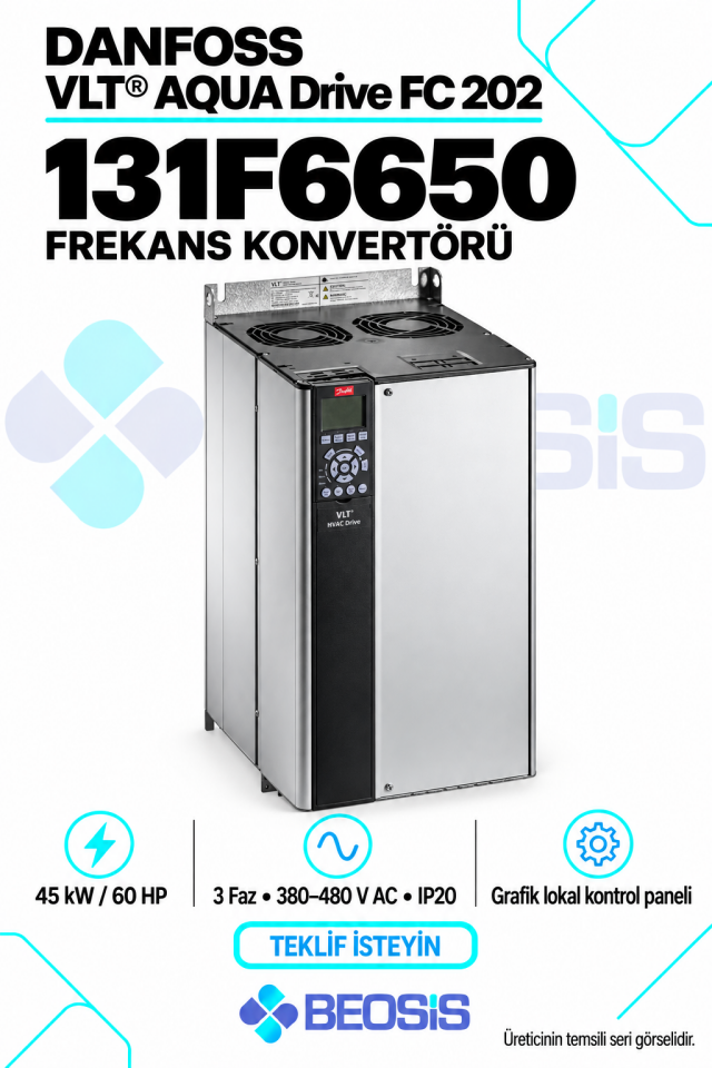 Danfoss 131F6650 VLT AQUA Drive FC 202 45 kW 380–480 V IP20 Grafik Panelli Motor Hız Kontrol Cihazı