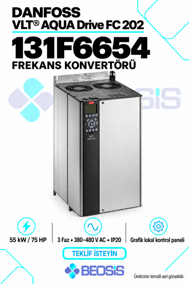Danfoss 131F6654 VLT AQUA Drive FC 202 55 kW 380–480 V IP20 Grafik Panelli Motor Hız Kontrol Cihazı