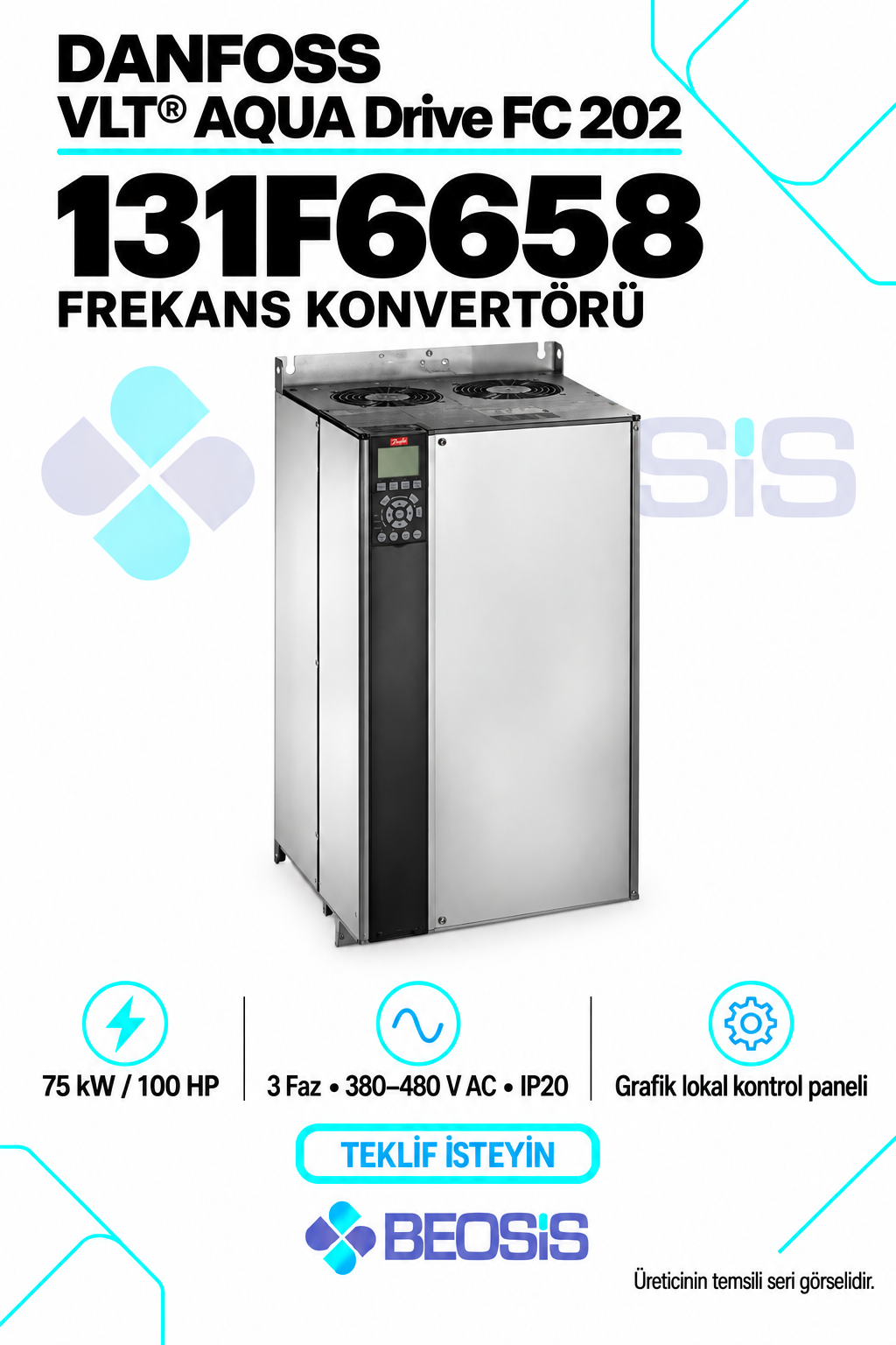 Danfoss 131F6658 VLT AQUA Drive FC 202 75 kW 380–480 V IP20 Grafik Panelli Motor Hız Kontrol Cihazı