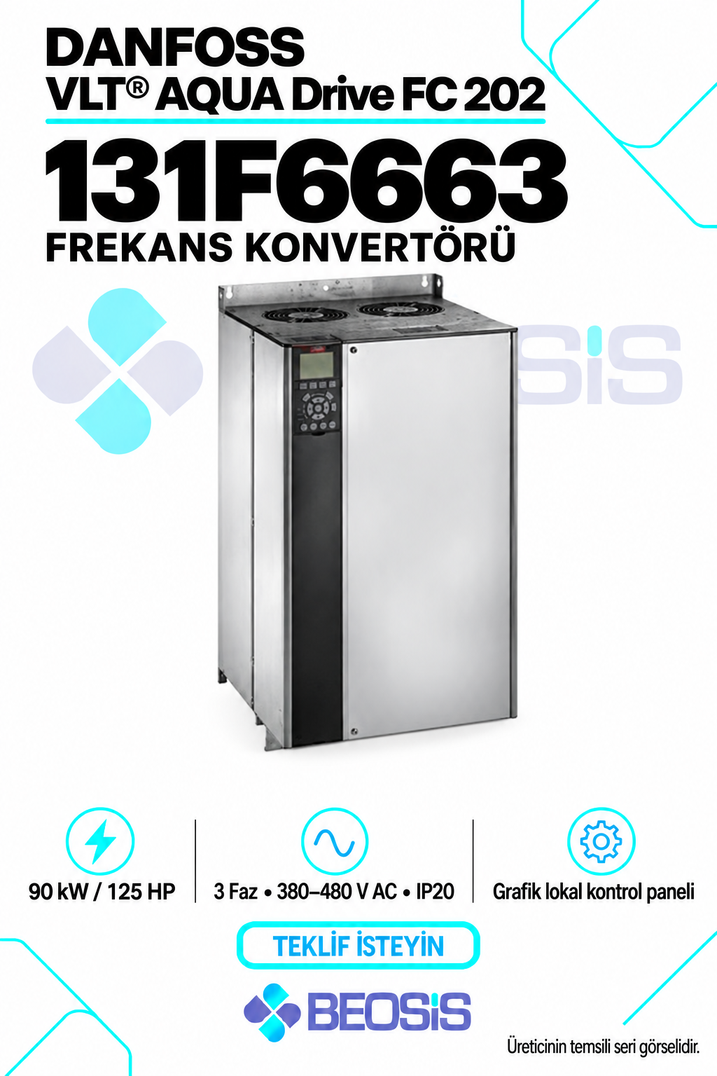 Danfoss 131F6663 VLT AQUA Drive FC 202 90 kW 380–480 V IP20 Grafik Panelli Motor Hız Kontrol Cihazı