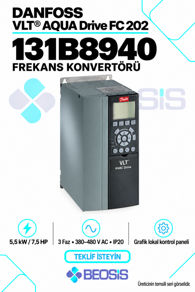 Danfoss 131B8940 VLT AQUA Drive FC 202 5,5 kW 380–480 V IP20 Grafik Panelli Motor Hız Kontrol Cihazı