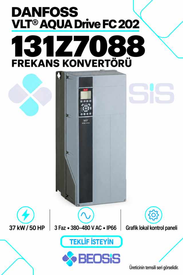 Danfoss 131Z7088 VLT AQUA Drive FC 202 37 kW 380–480 V IP66 Grafik Panelli Motor Hız Kontrol Cihazı