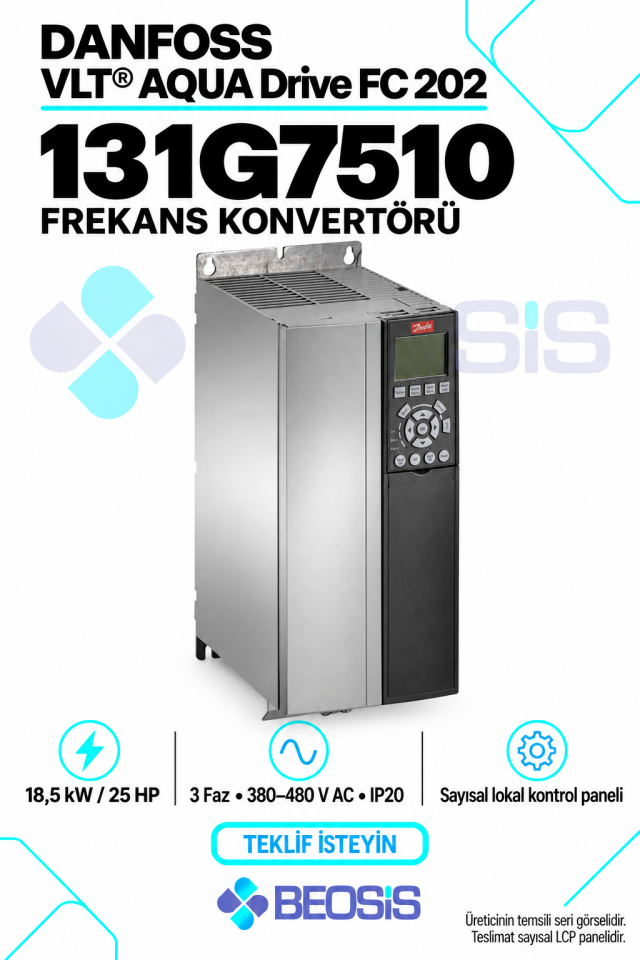 Danfoss 131G7510 VLT AQUA Drive FC 202 18,5 kW 380–480 V IP20 Nümerik Panelli Motor Hız Kontrol Cihazı