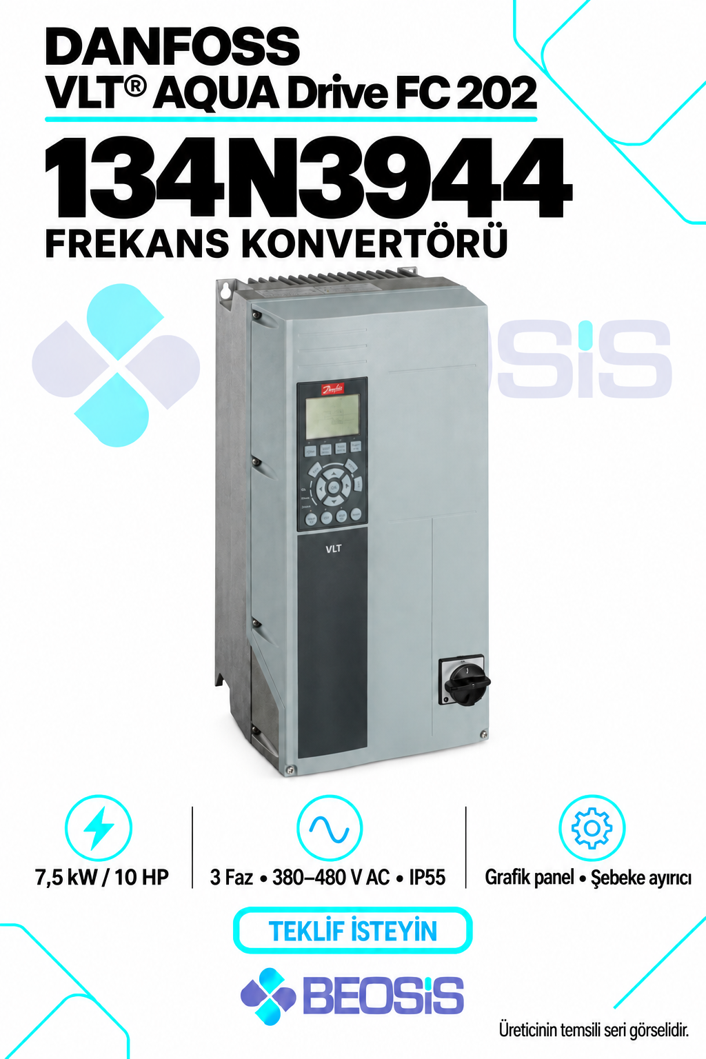 Danfoss 134N3944 VLT AQUA Drive FC 202 7,5 kW 380–480 V IP55 Grafik Panelli Motor Hız Kontrol Cihazı