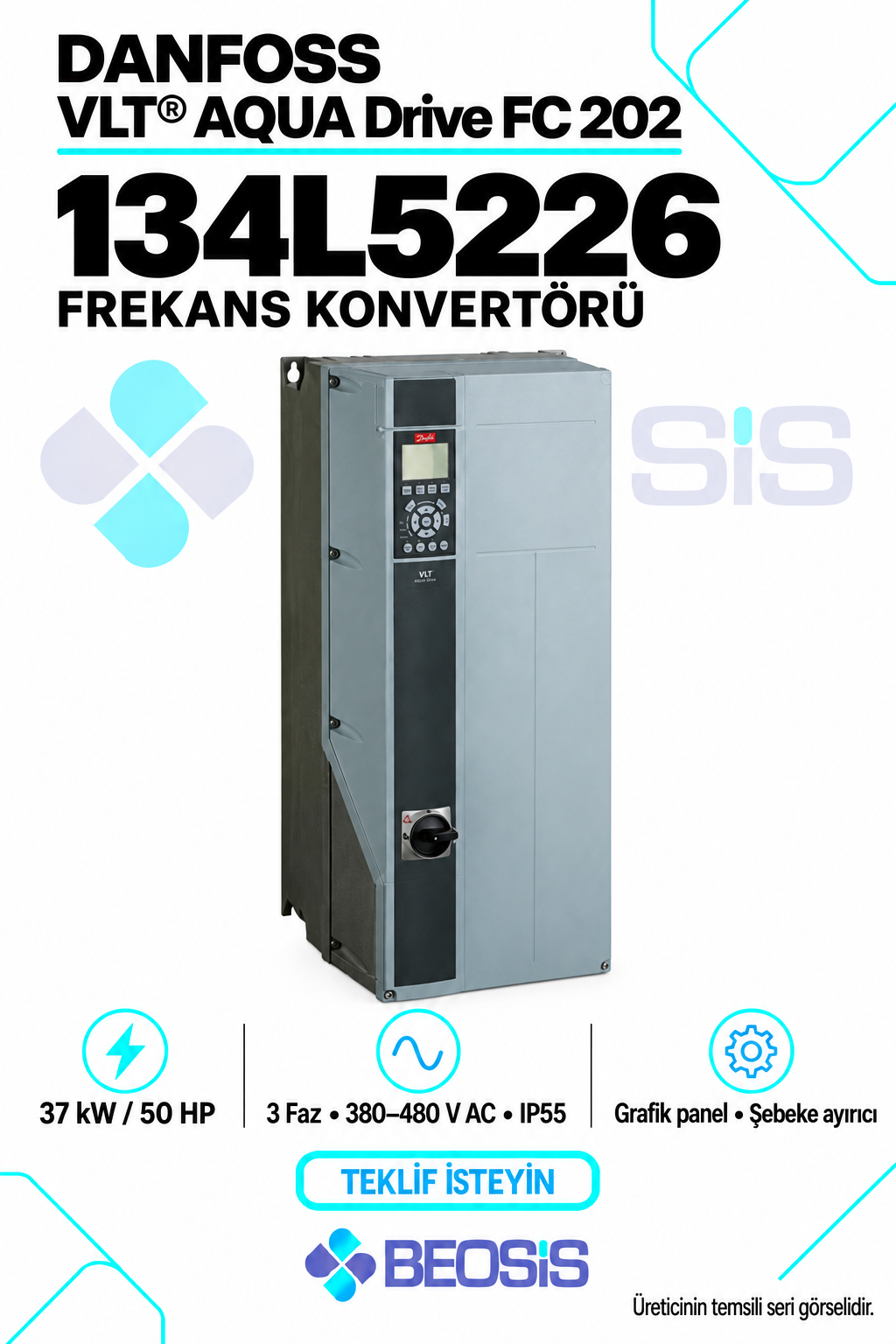 Danfoss 134L5226 VLT AQUA Drive FC 202 37 kW 380–480 V IP55 Grafik Panelli Motor Hız Kontrol Cihazı