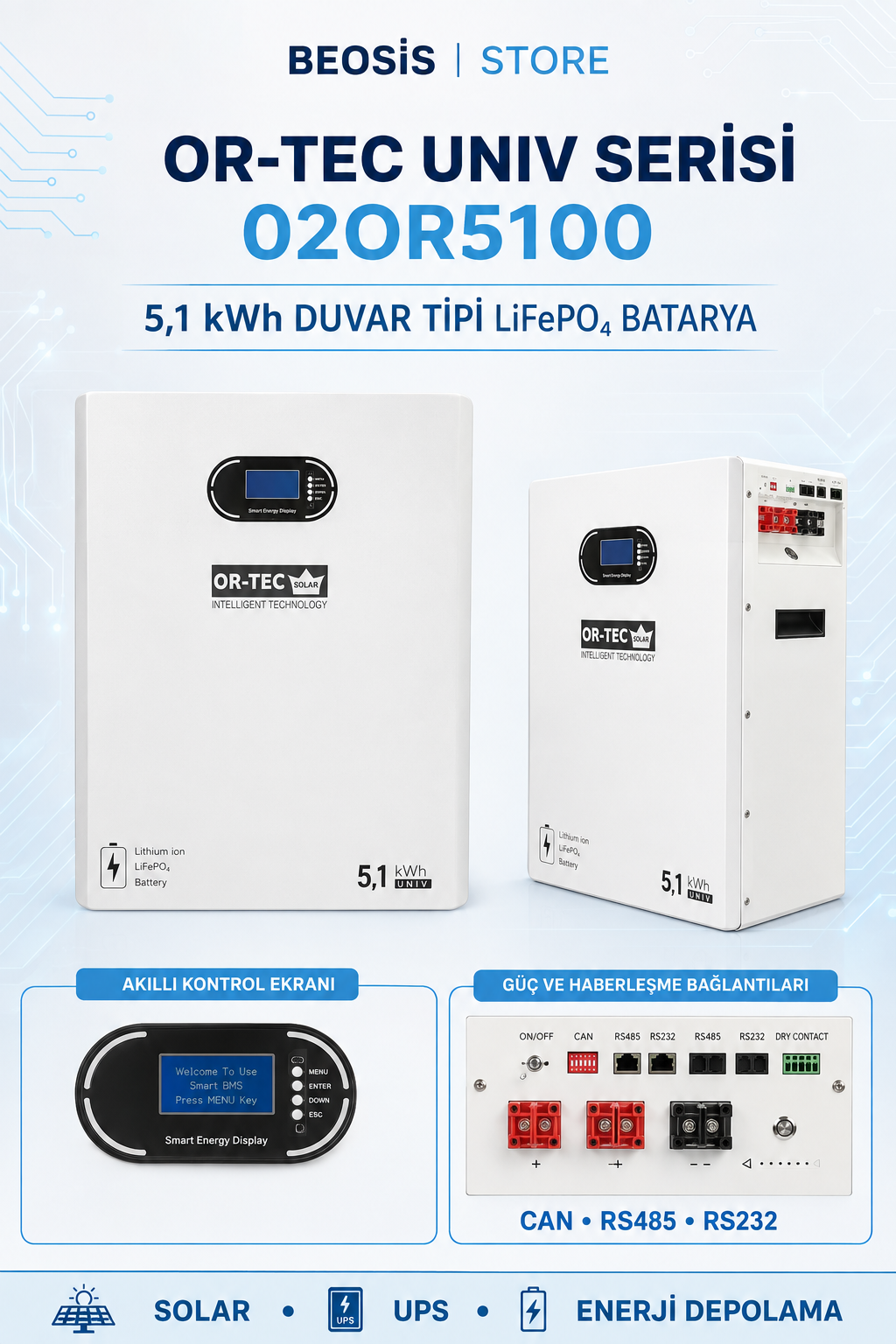 OR-TEC UNIV Serisi 02OR5100 5.1 kWh 51.2 V 100 Ah DUVAR TİPİ LiFePO4 BATARYA