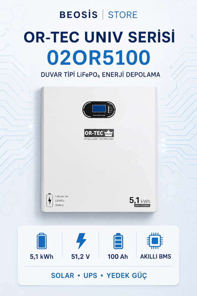OR-TEC UNIV Serisi 02OR5100 5.1 kWh 51.2 V 100 Ah DUVAR TİPİ LiFePO4 BATARYA