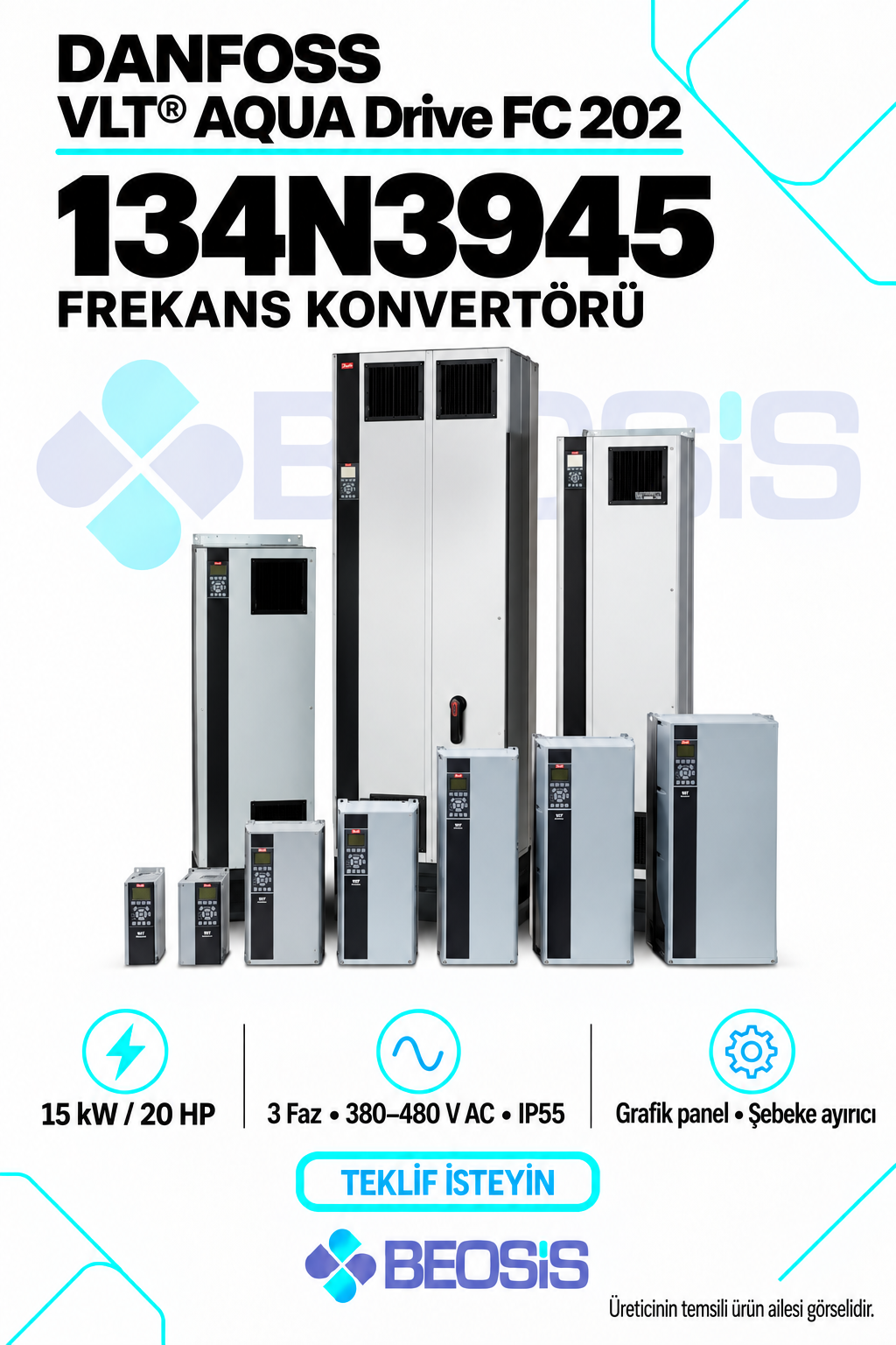 Danfoss 134N3945 VLT AQUA Drive FC 202 15 kW 380–480 V IP55 Grafik Panelli Motor Hız Kontrol Cihazı