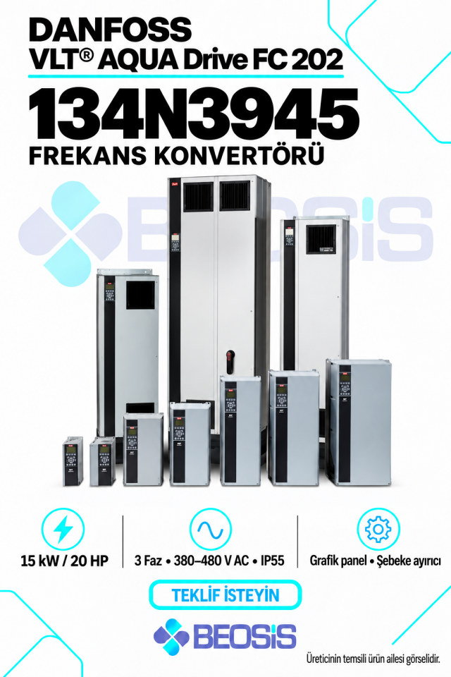 Danfoss 134N3945 VLT AQUA Drive FC 202 15 kW 380–480 V IP55 Grafik Panelli Motor Hız Kontrol Cihazı